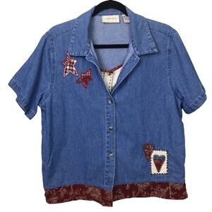 Lemon Grass VTG Chambray Farmcore Patch Short Sleeve Blue Collared Shirt Large